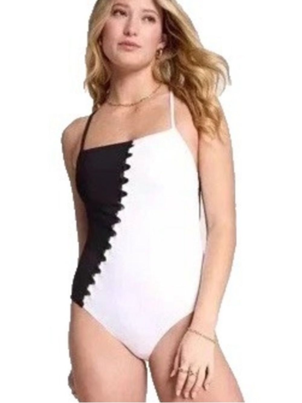 Calia Women's Looped Apron Neck Black/White Tummy Control Swimsuit NWT